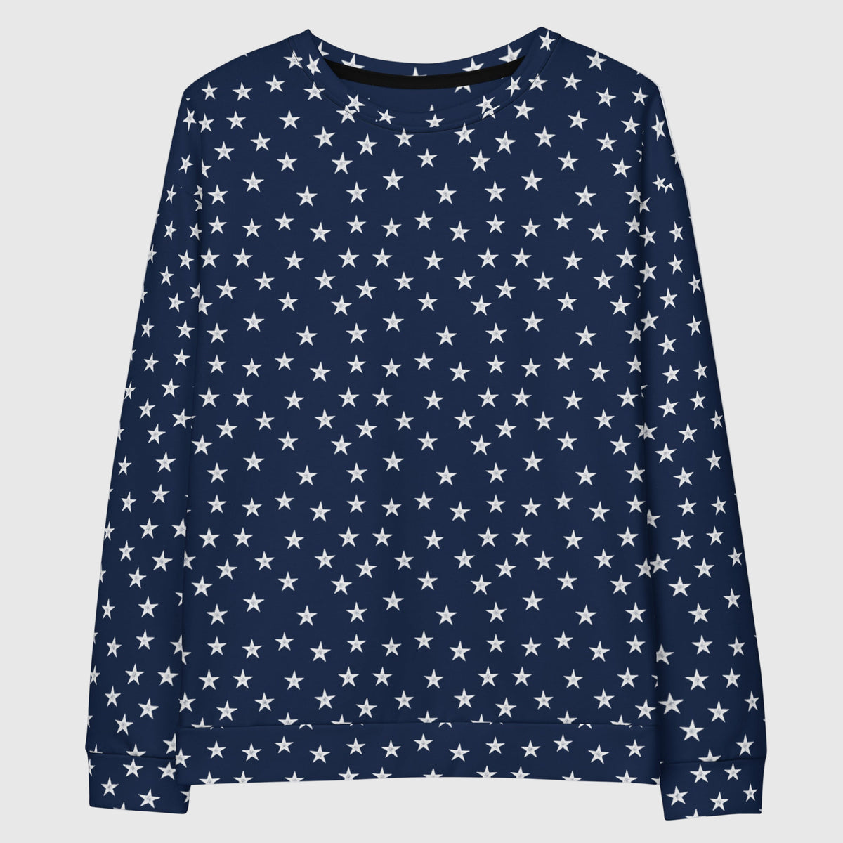 Navy blue long-sleeve shirt with white star pattern on a white background