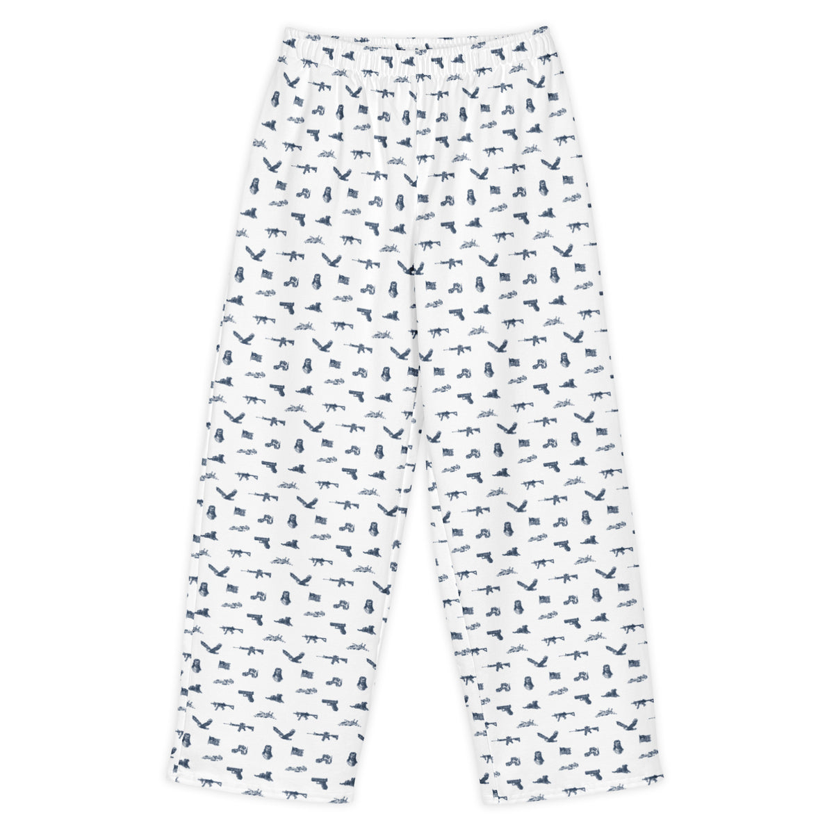 White pants with small blue animal prints on a white background