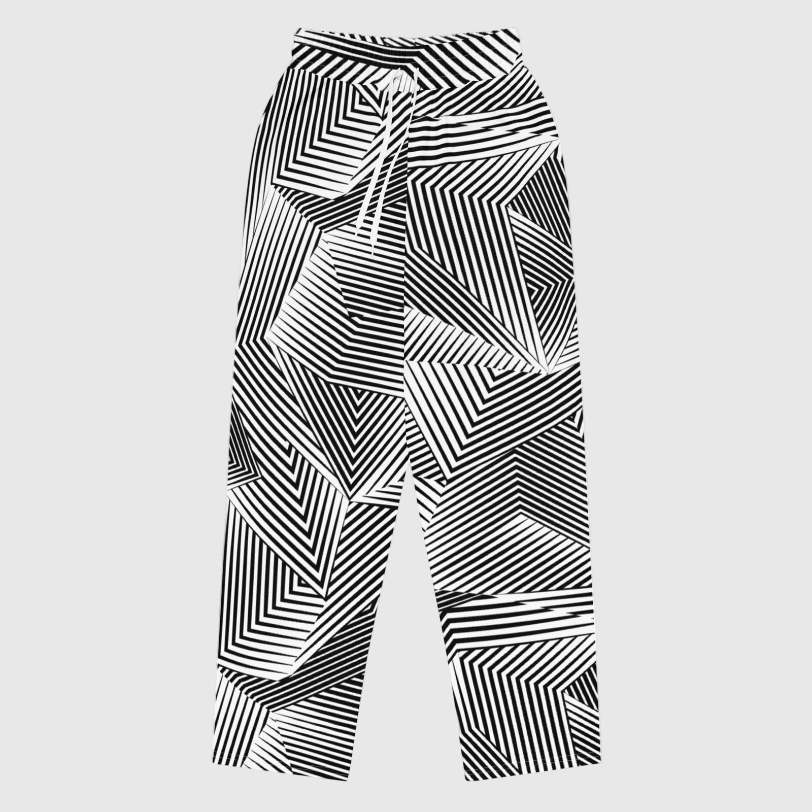 Black and white geometric striped pants with an abstract zigzag pattern and a white drawstring waist, shown against a plain white background.