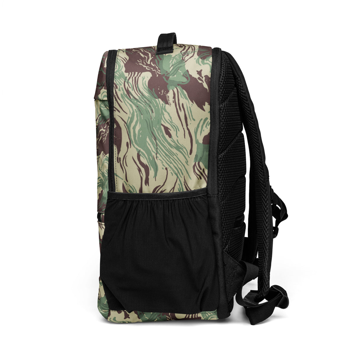 Backpack with camouflage pattern on a white background
