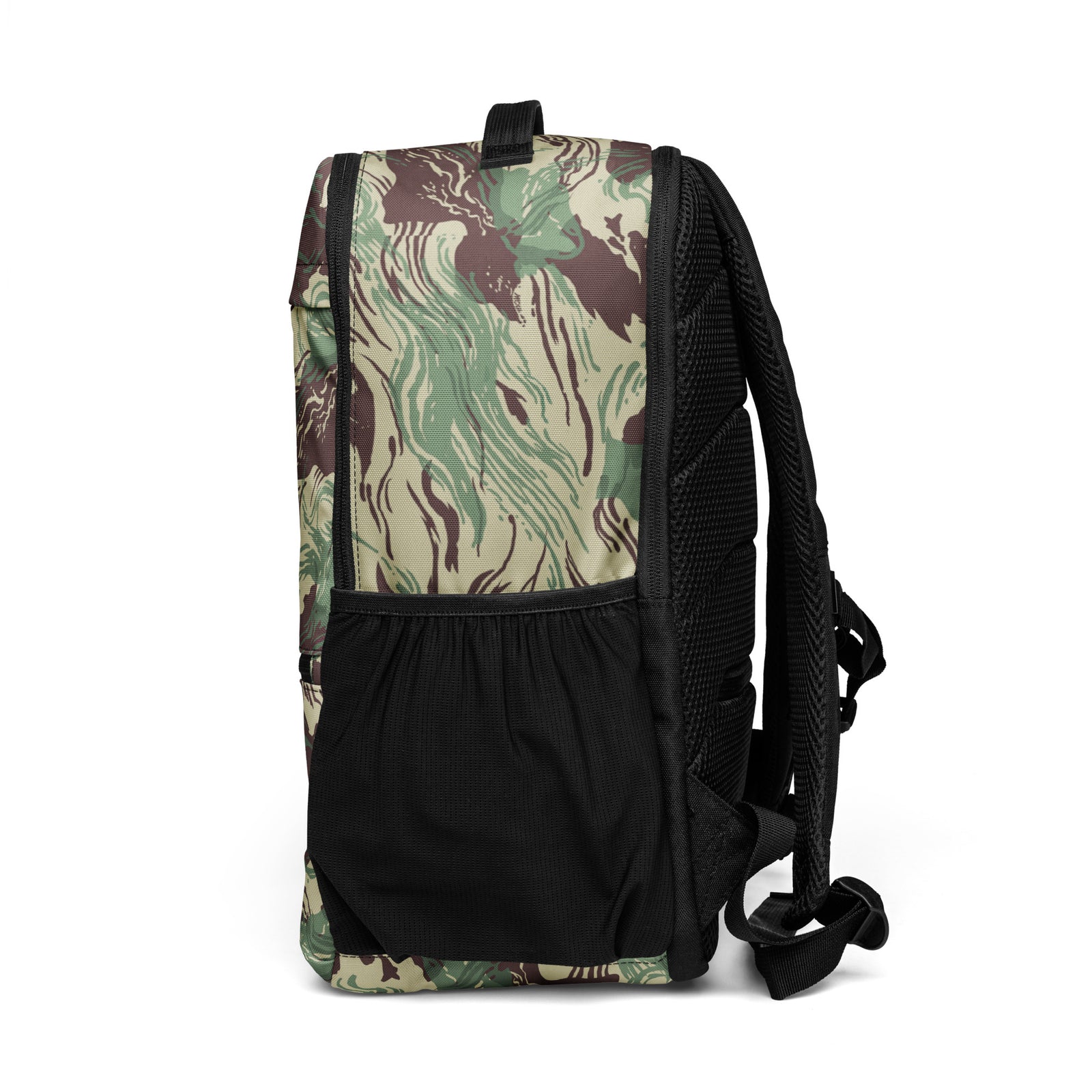 Backpack with camouflage pattern on a white background