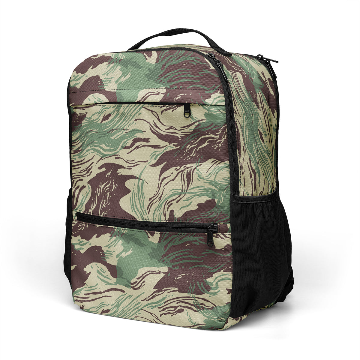 Camouflage-patterned backpack on a white background