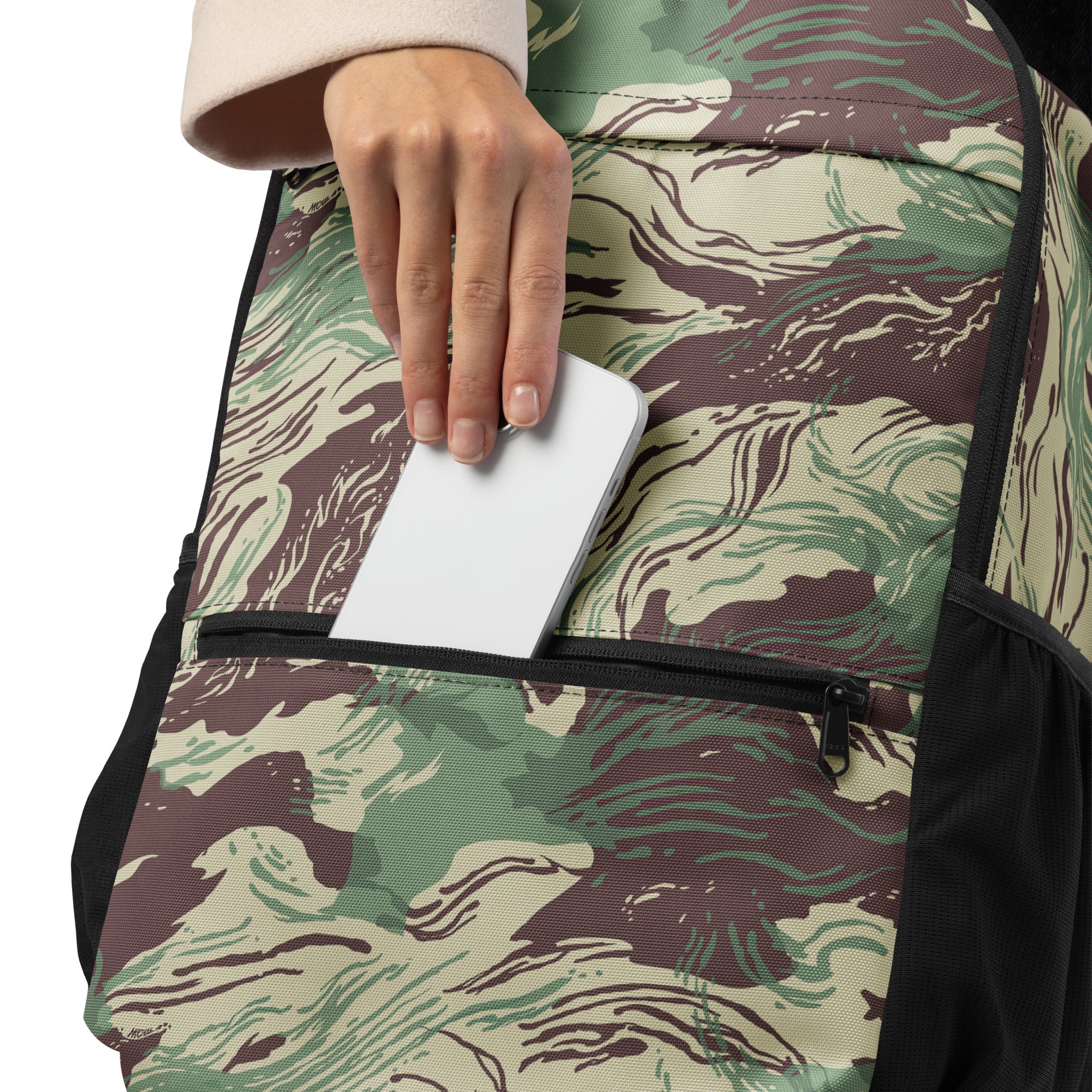 Camouflage-patterned bag with a hand holding a white card
