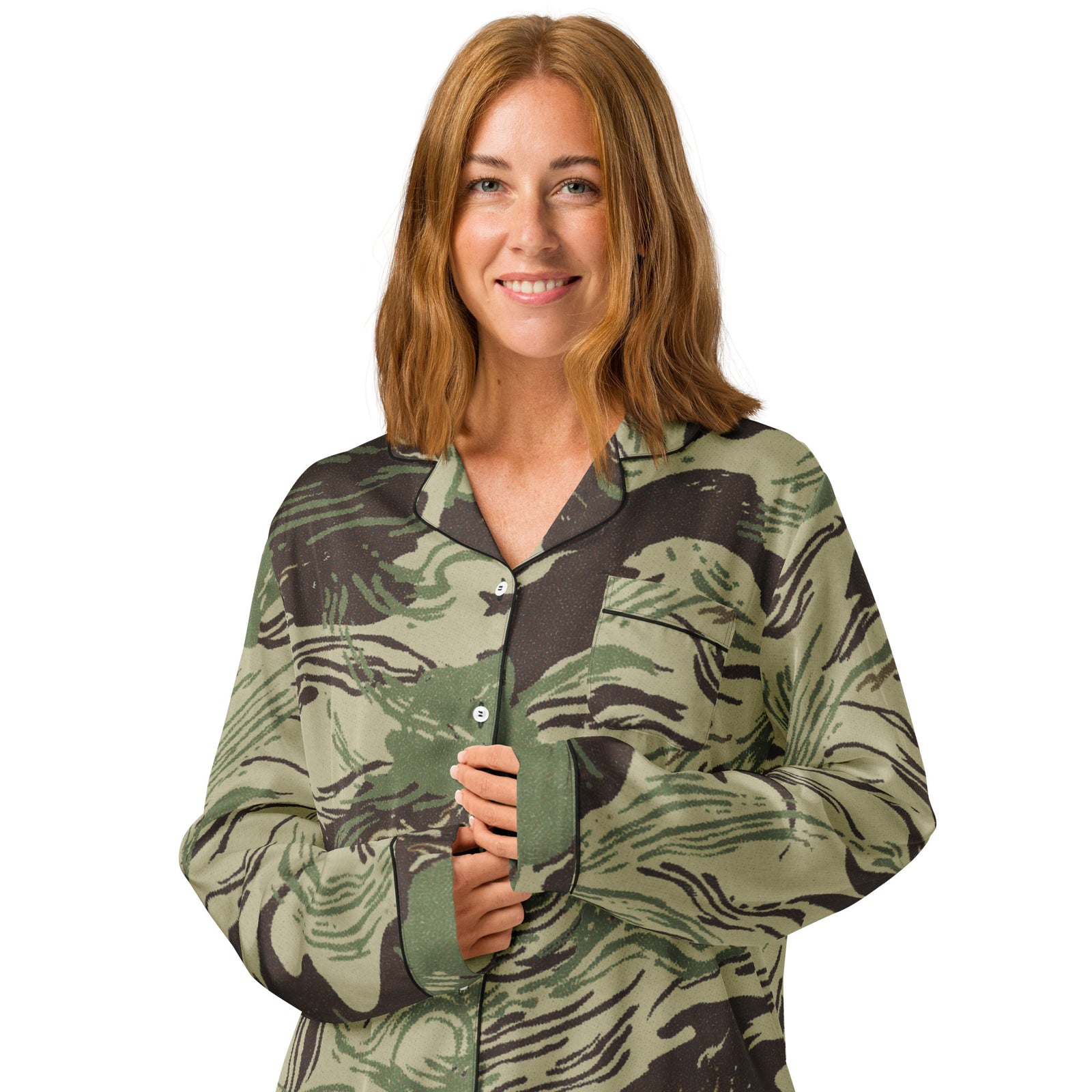 Rhodesian Brushstroke camouflage women’s pajama top, front product view