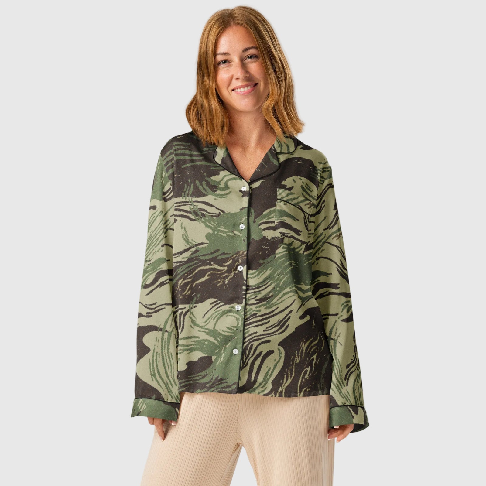 Woman wearing a Rhodesian Brushstroke camouflage long-sleeve pajama top