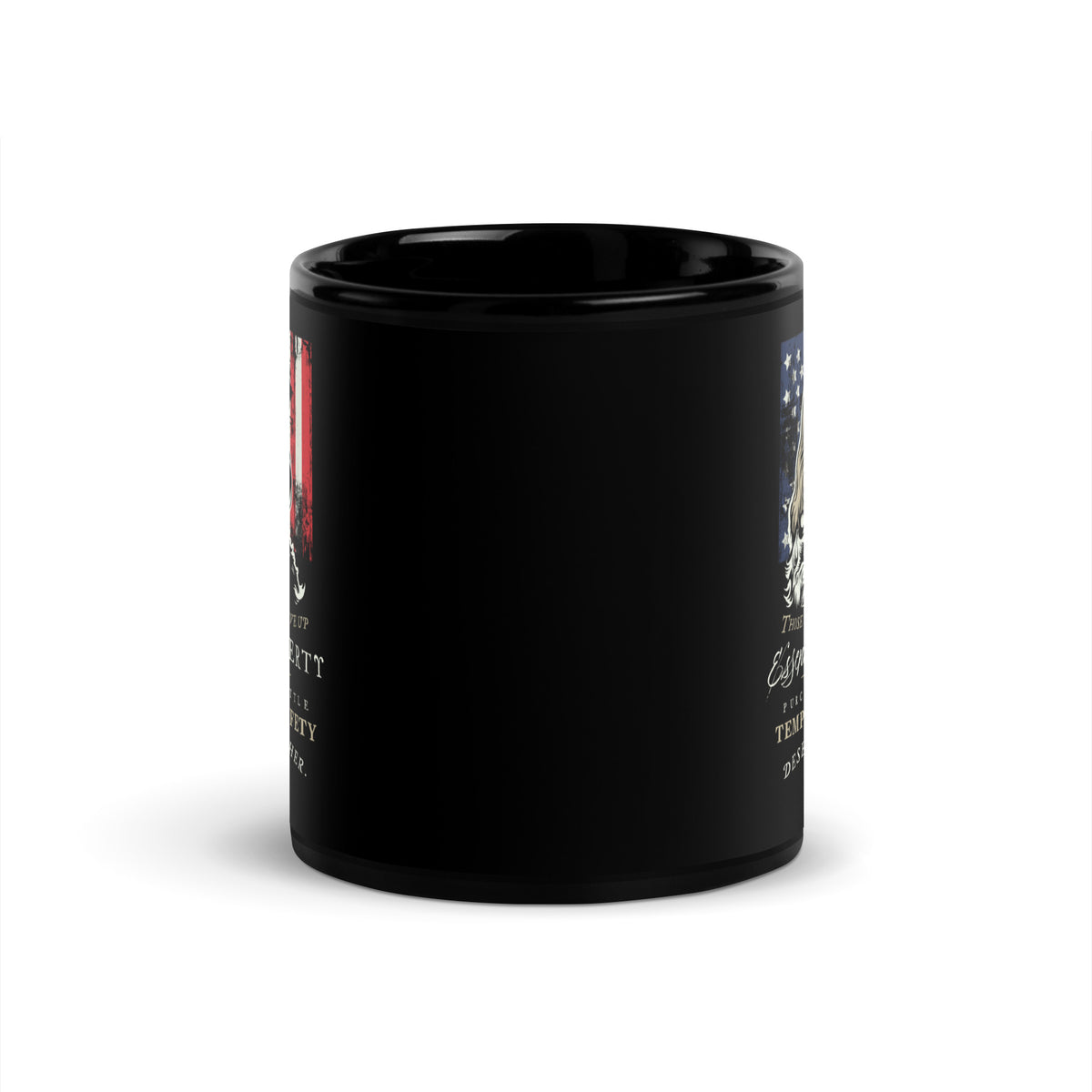 A glossy black ceramic mug with custom printed designs on both sides, shown on a clean white background.
