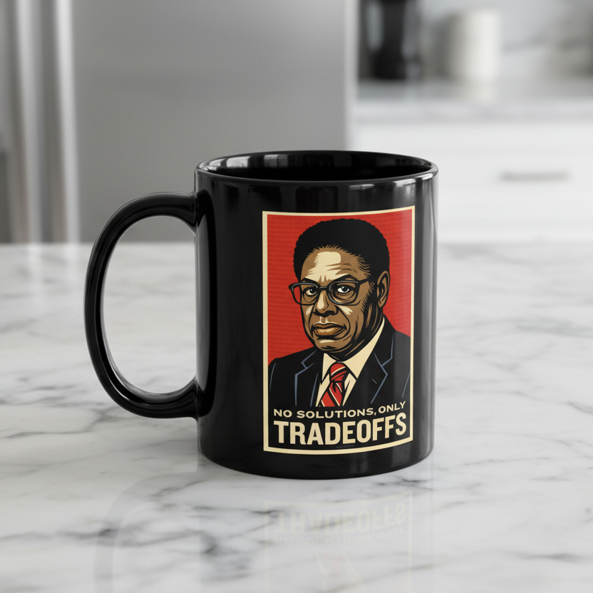 Thomas Sowell mug on a kitchen counter. 