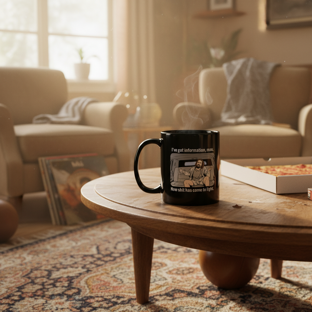 Black mug with a graphic design on a wooden coffee table in a cozy living room.