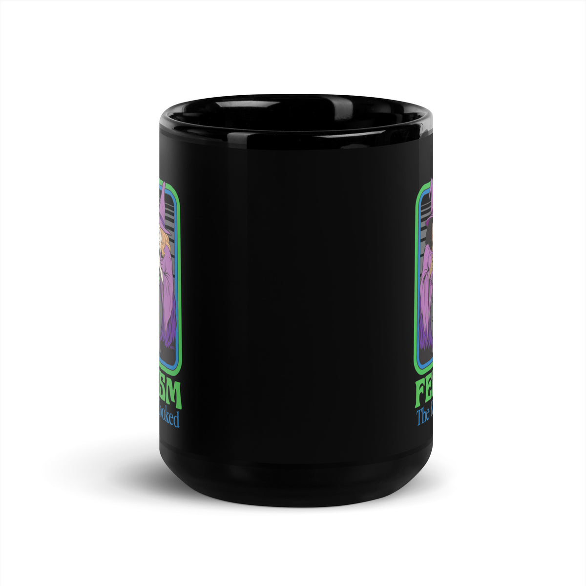 Black mug featuring a colorful “Feminism: The Kids Are Cooked” design with three witches around a green cauldron and a nervous child inside.