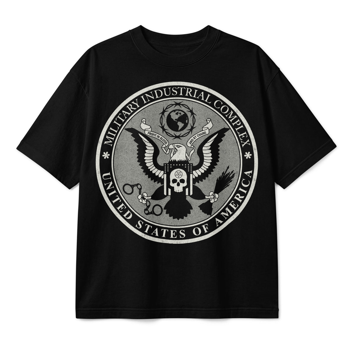 Military Industrial Complex graphic T-shirt in black, boxy cut and distressed seal, front view
