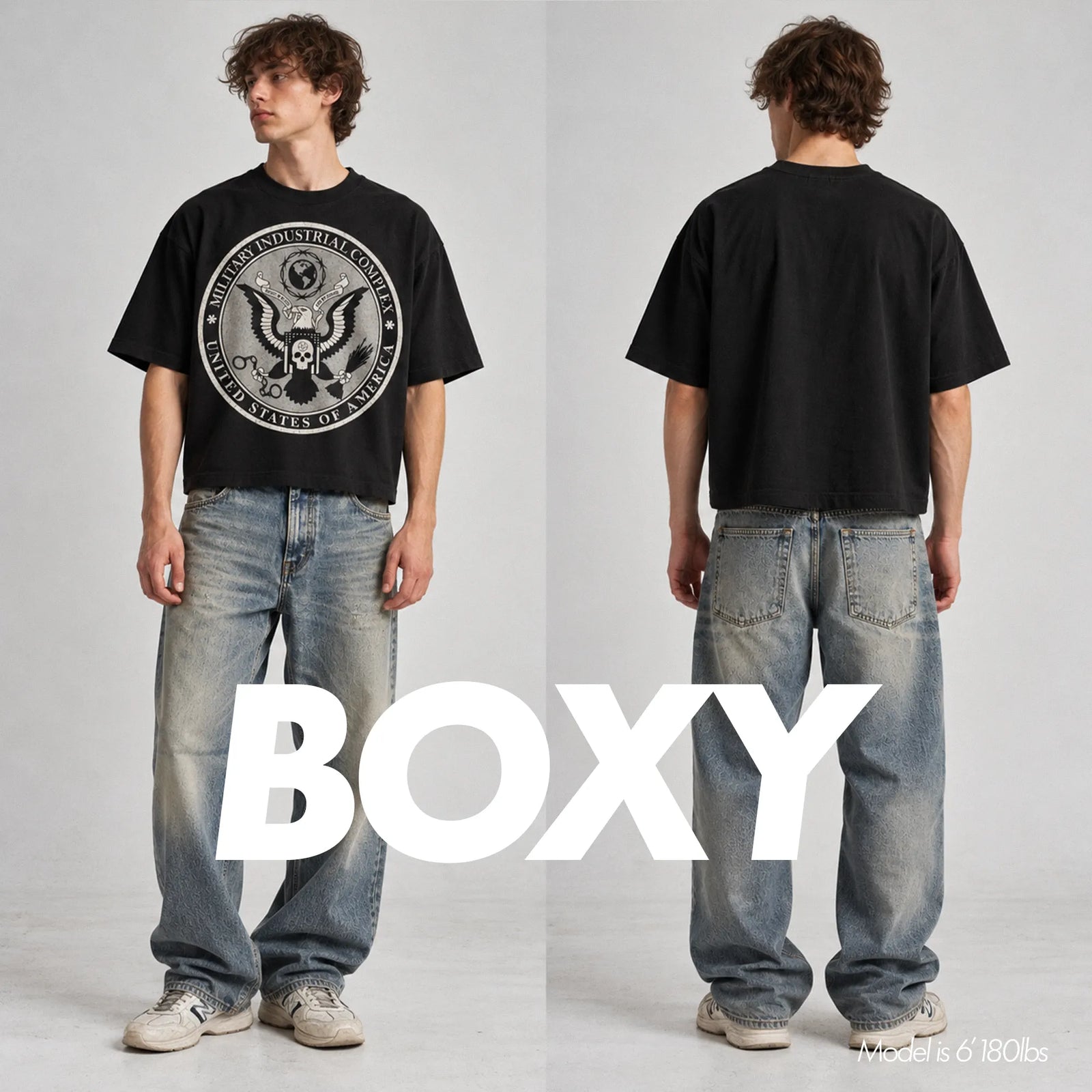 Front and back views showing the wide, shorter-length fit of the Military Industrial Complex boxy tee