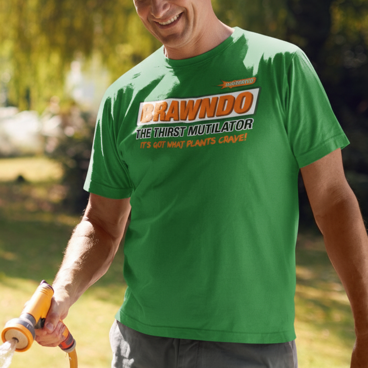 Man wearing a green t-shirt with 'Brawndo' branding, holding a garden hose