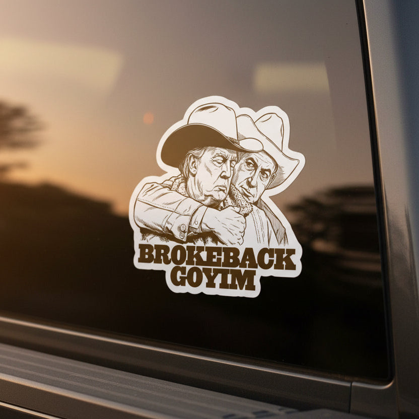 Illustration of two people in cowboy hats with 'Brokeback Goyim' text on a white background