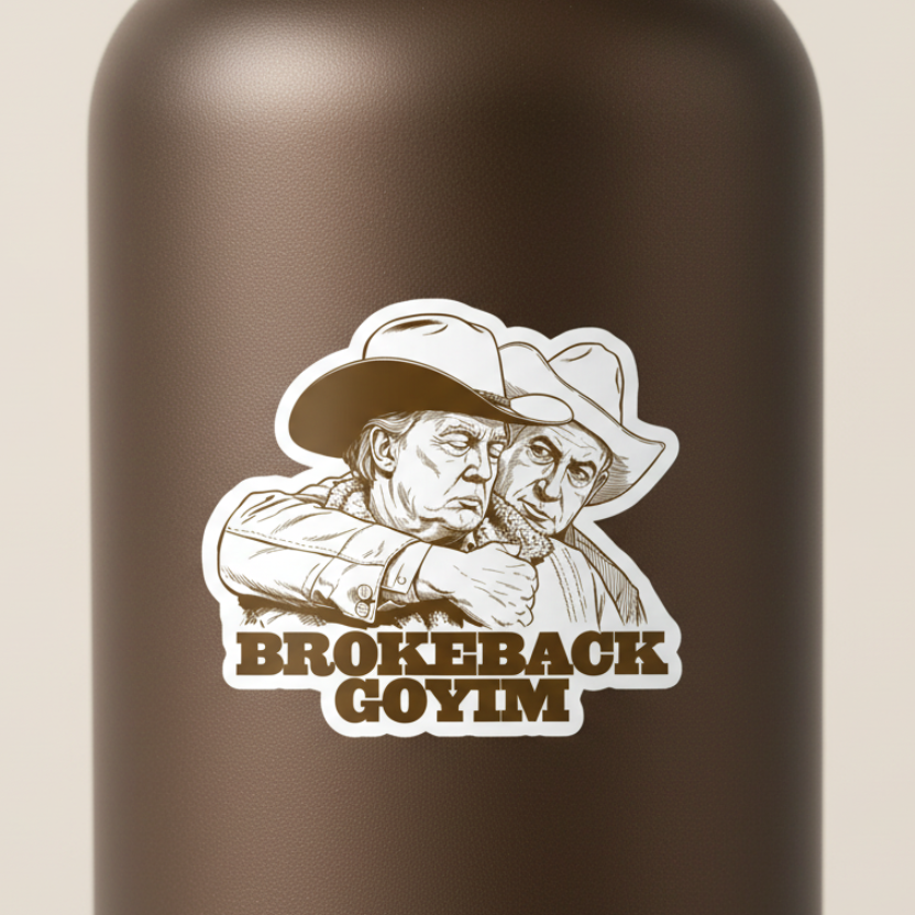 Brokeback Goyim Trump and Netanyahu parody die cut sticker on a water bottle.