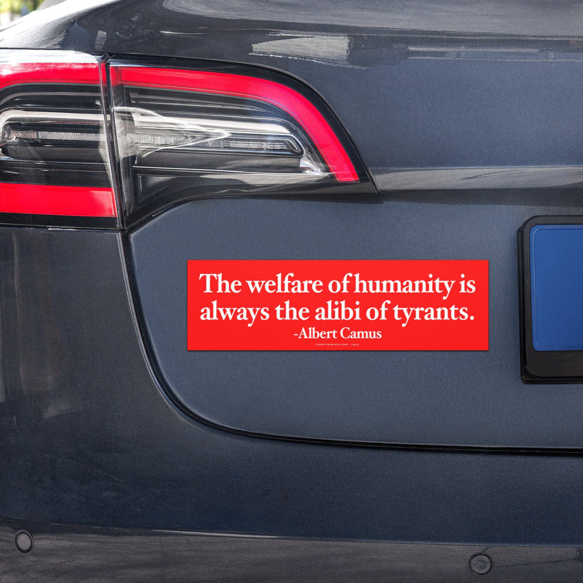 a magnetic bumper sticker, featuring a quote by Albert Camus that states, &quot;The welfare of humanity is always the alibi of tyrants.&quot;