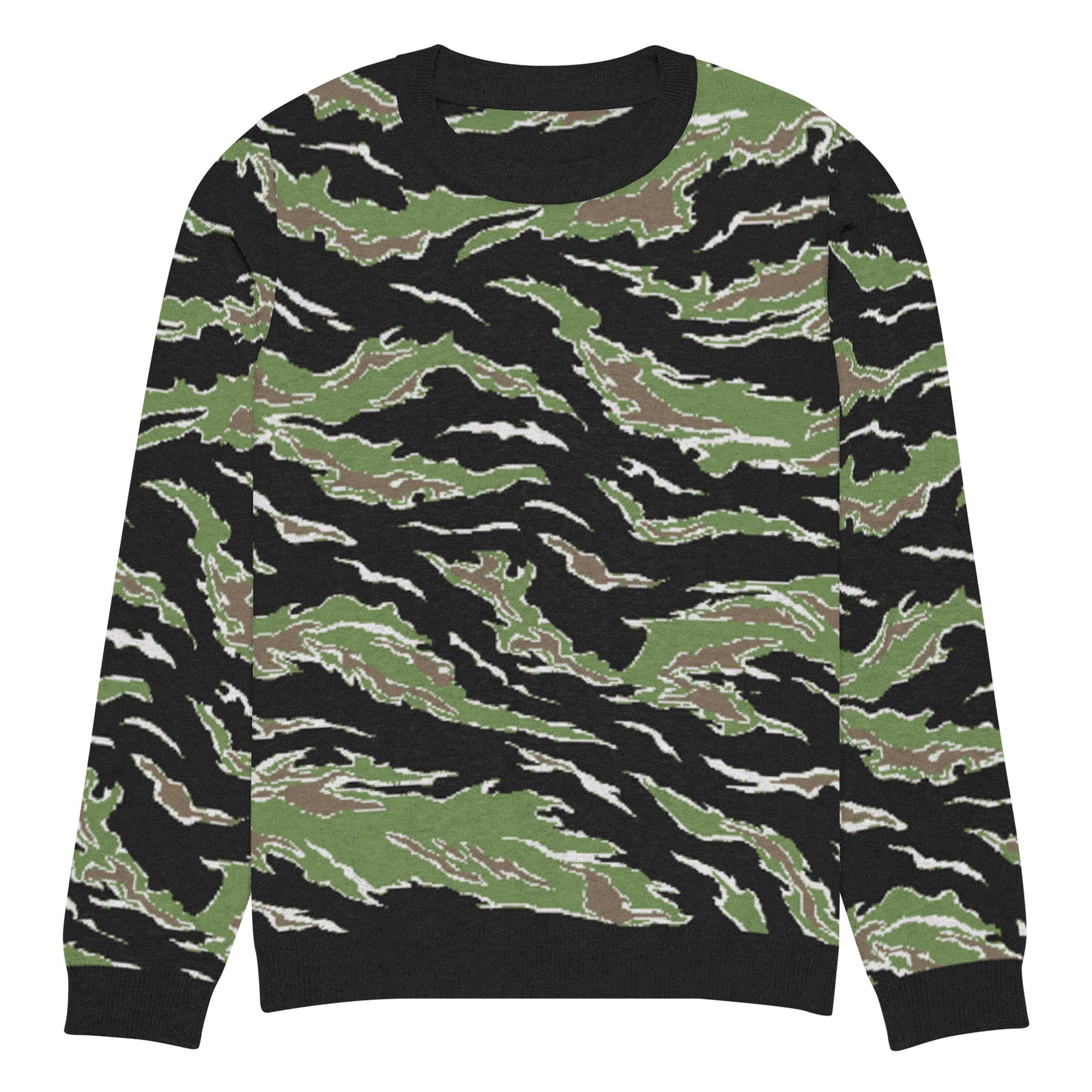 A man wearing a tiger stripe jungle camouflage knit sweater by Liberty Maniacs