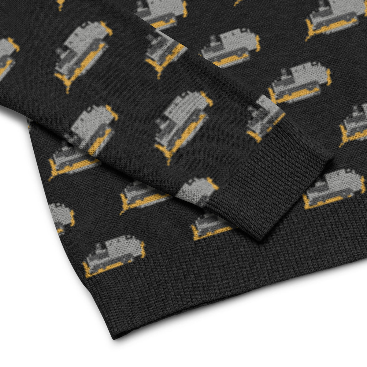 Closeup of the Killdozer knit sweater sleeve by Liberty Maniacs.