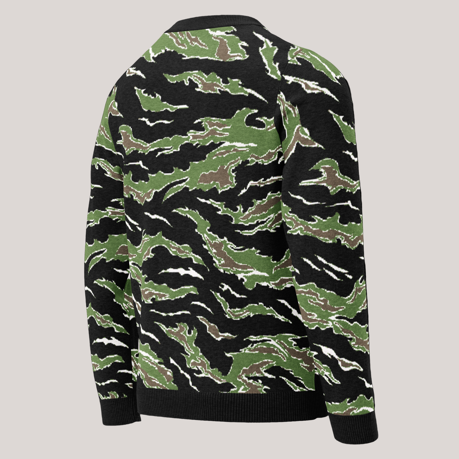 Camouflage-patterned sweater on a white background