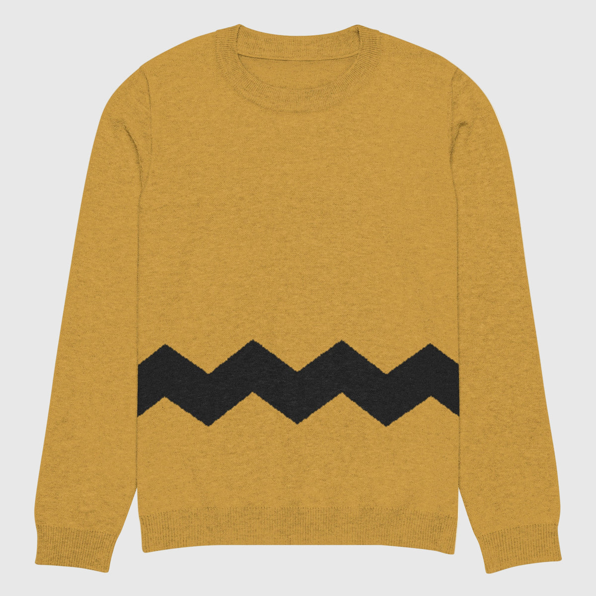A yellow knitted crew-neck sweater with black chevron patterns on it.