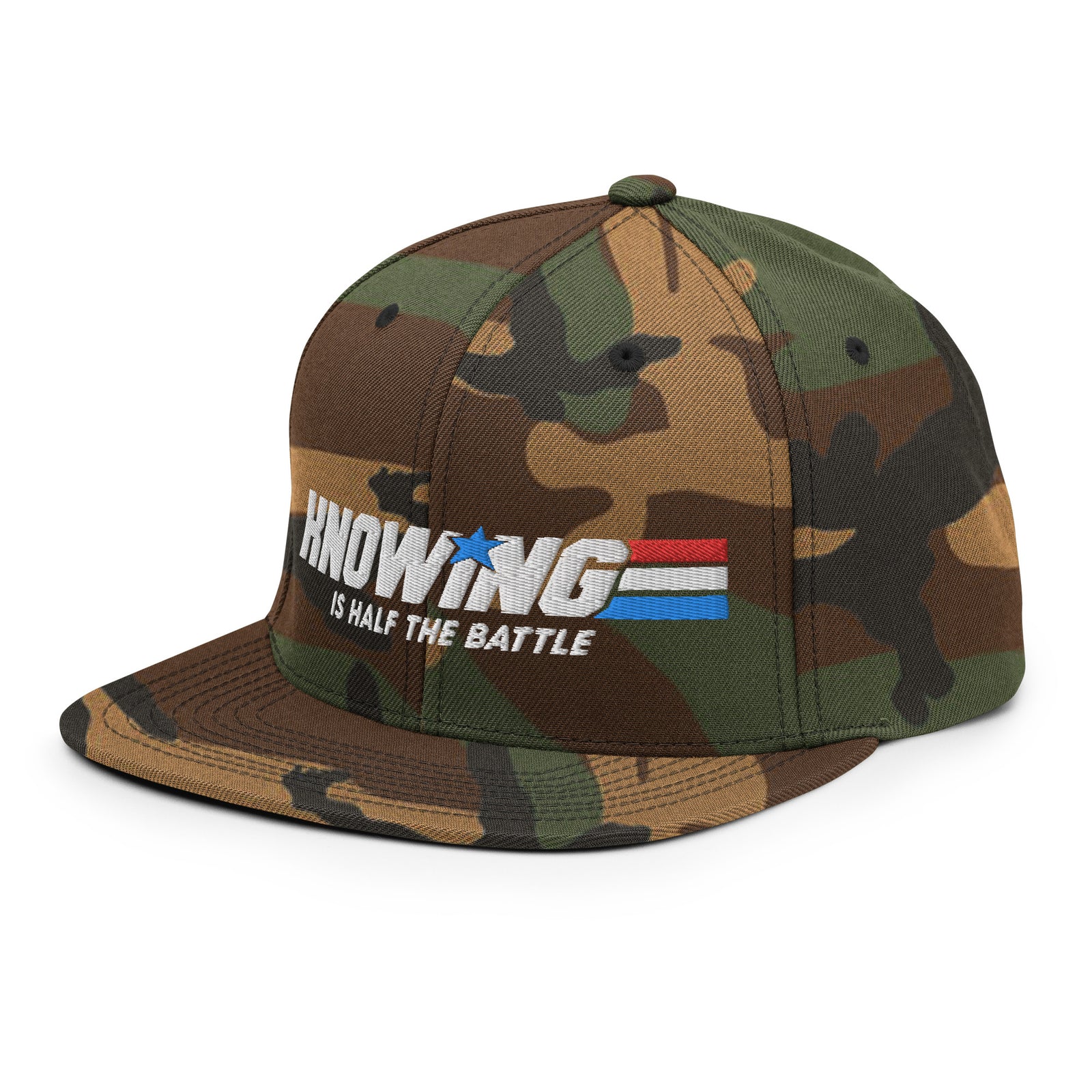 Knowing is Half the Battle Snapback Woodland Camo Hat