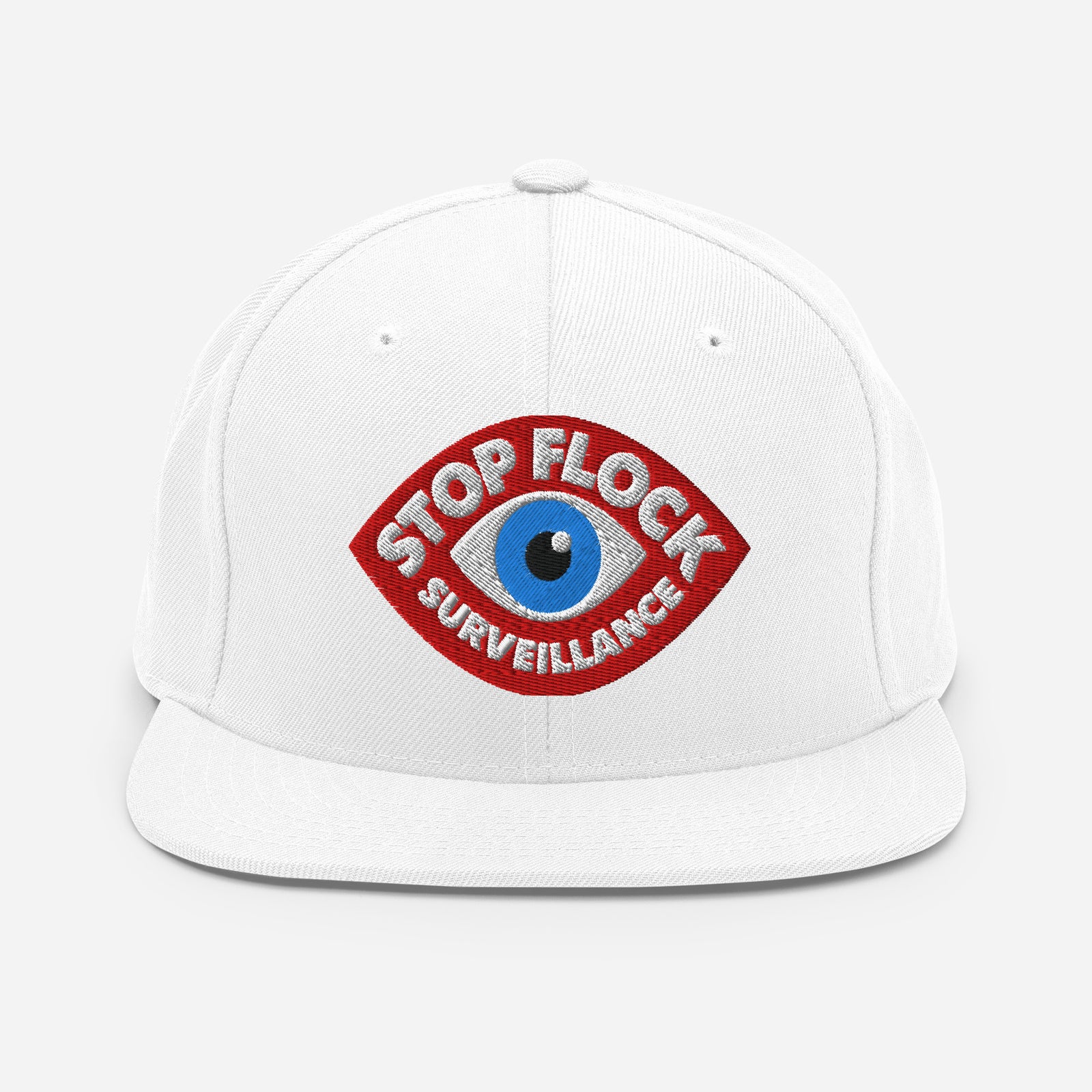 A white structured baseball cap with a flat brim, featuring a red embroidered patch on the front with a blue eye graphic and the words 'STOP FLOCK SURVEILLANCE'.