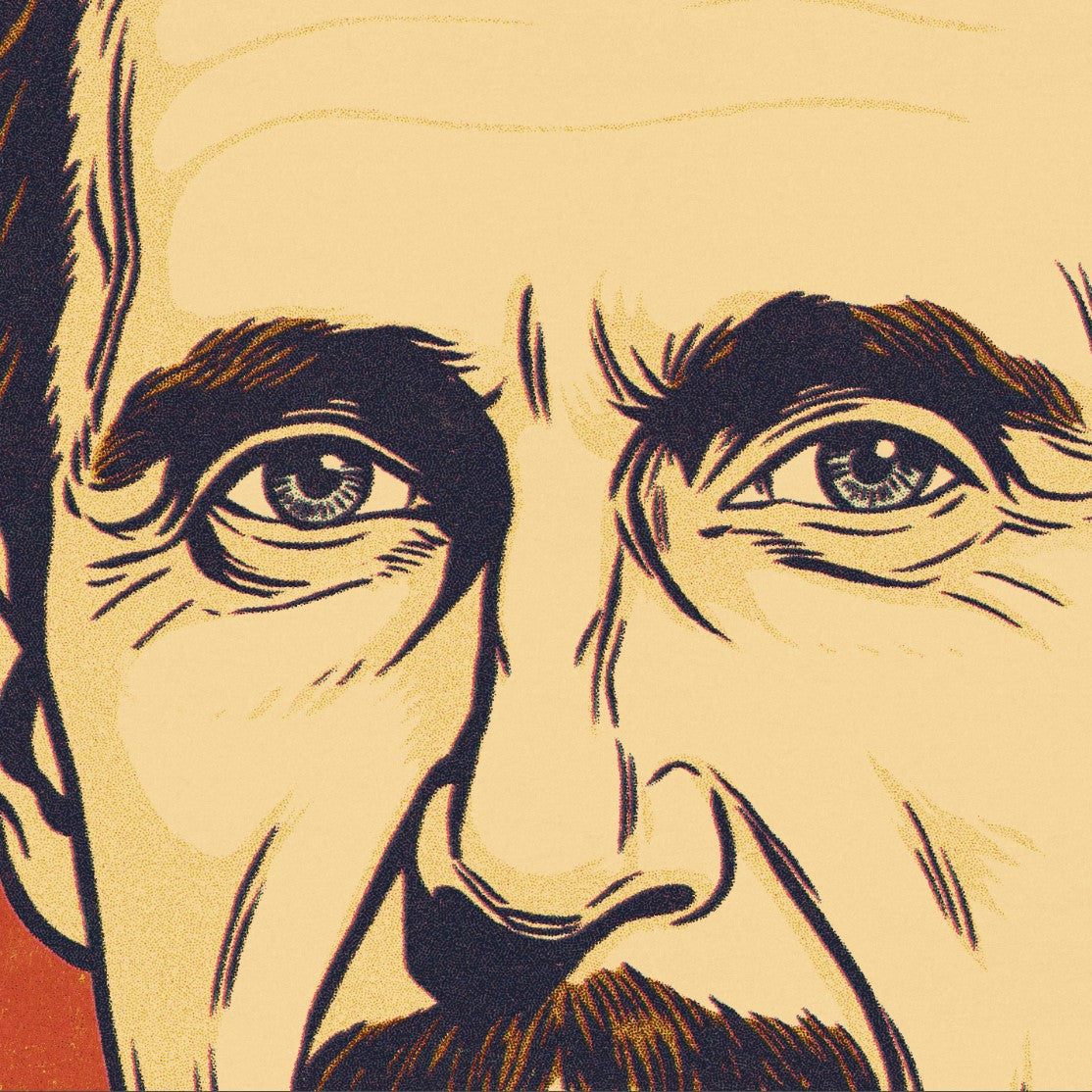 Close-up of a stylized portrait with a focus on the eyes and mustache.