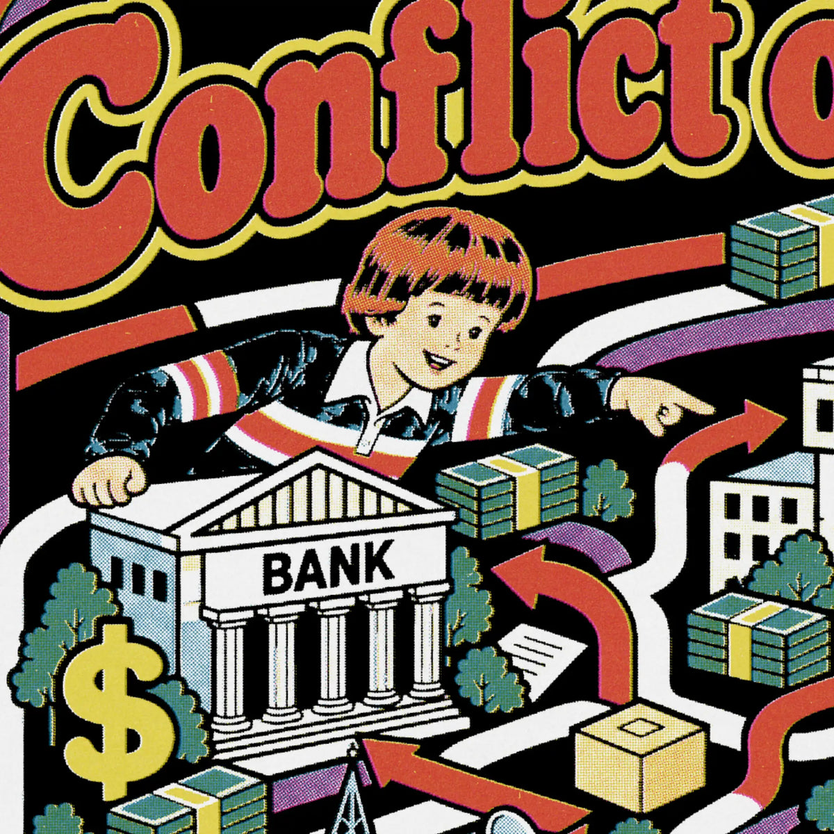 Close up of the “Can You Find the Conflict of Interest?” T-Shirt by Liberty Maniacs