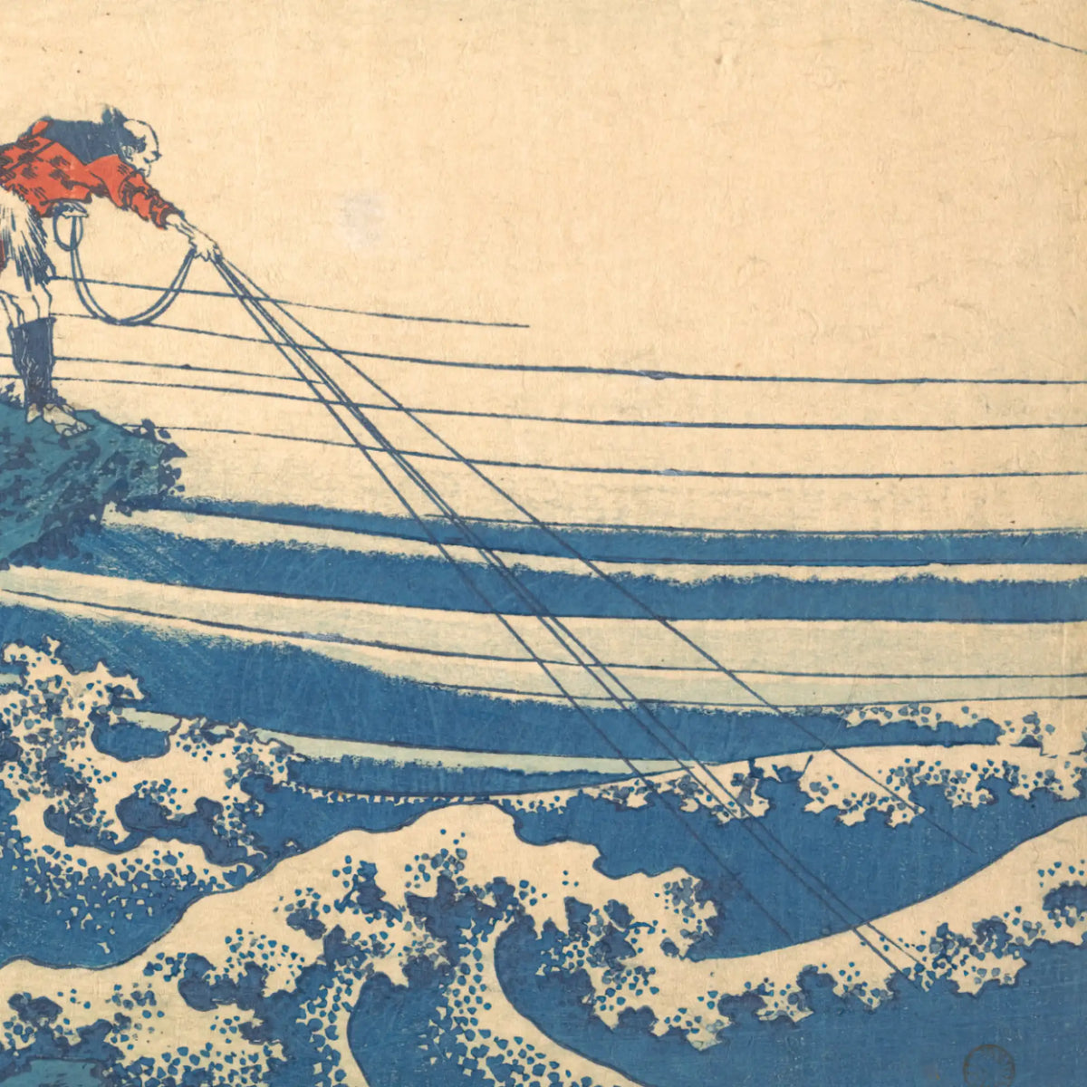 A close-up of a Japanese-style artwork showing a sailor on a boat casting lines into large blue and white ocean waves under a warm beige sky.