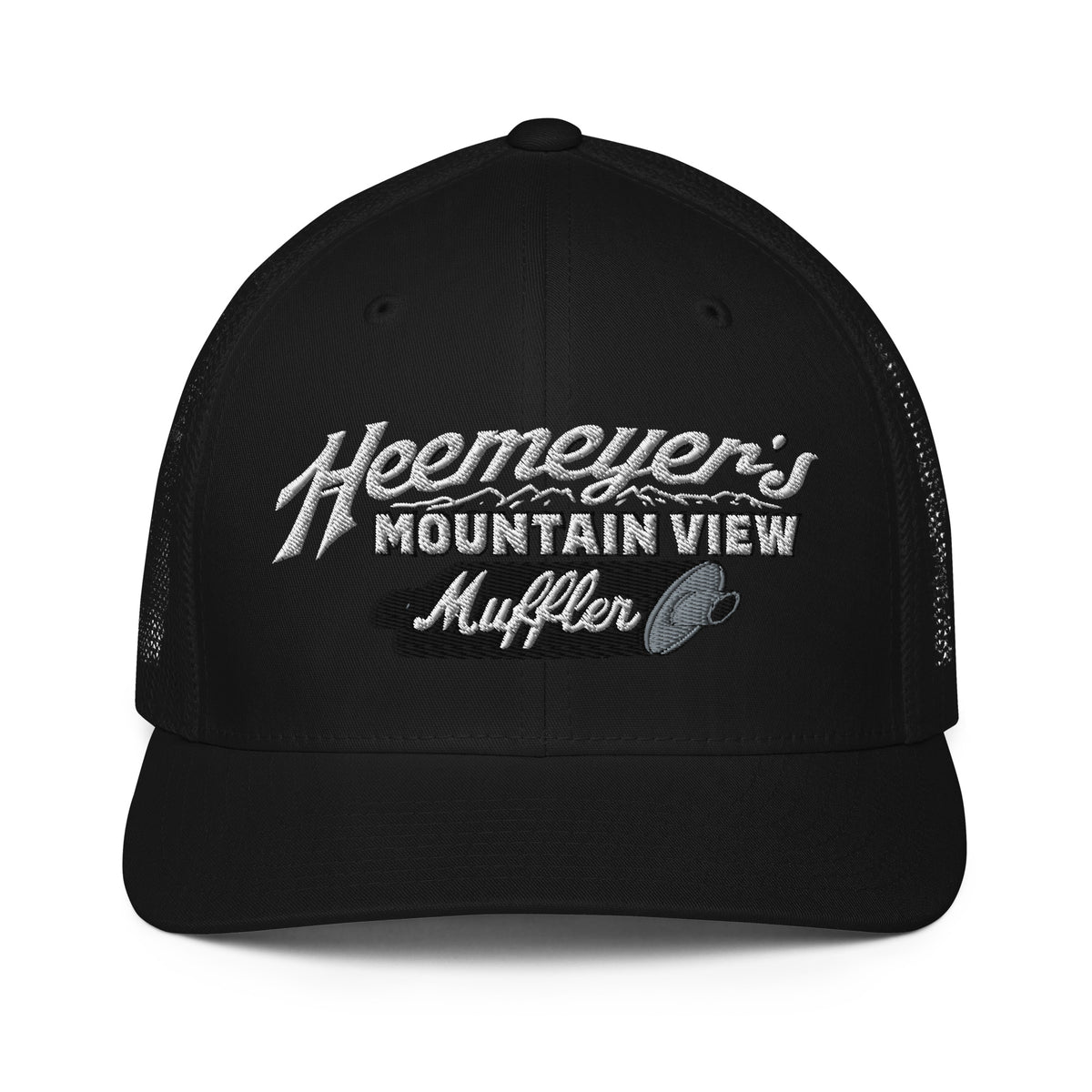 Heemeyer&#39;s Mountain View Muffler Flexfit Permacurve Trucker Cap