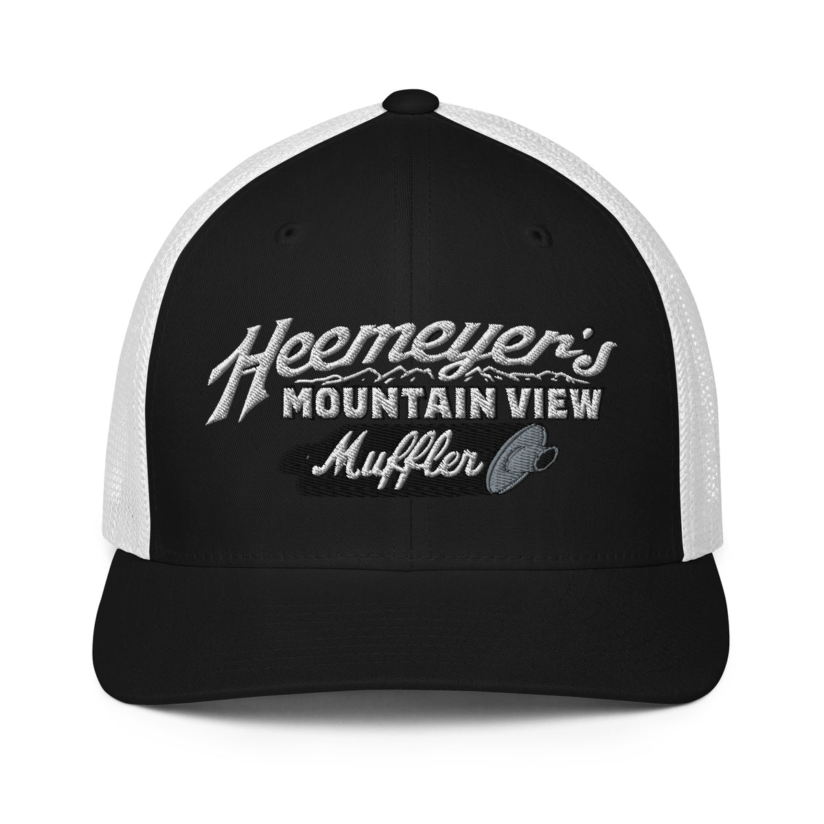 Heemeyer&#39;s Mountain View Muffler Flexfit Permacurve Trucker Cap