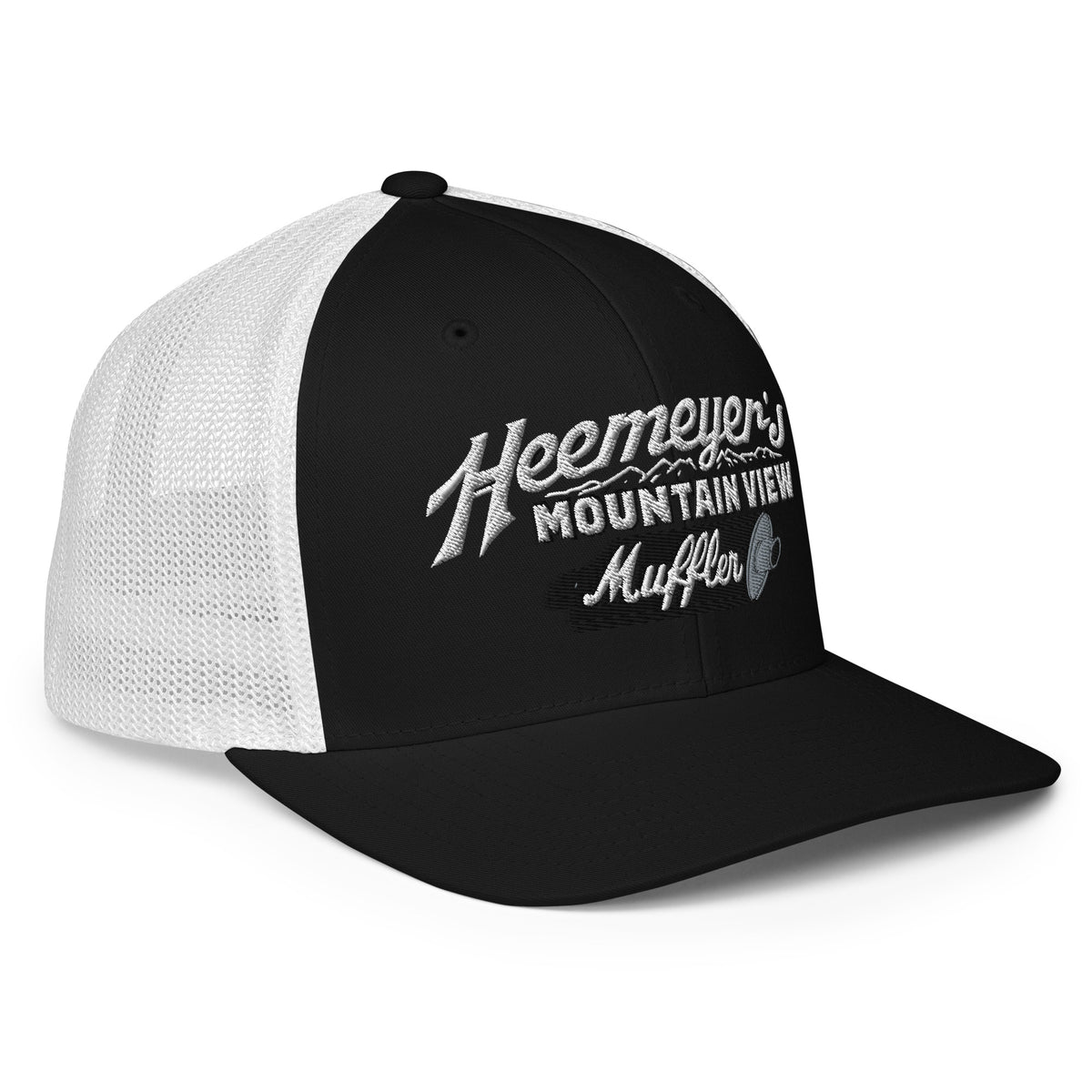 Heemeyer&#39;s Mountain View Muffler Flexfit Permacurve Trucker Cap