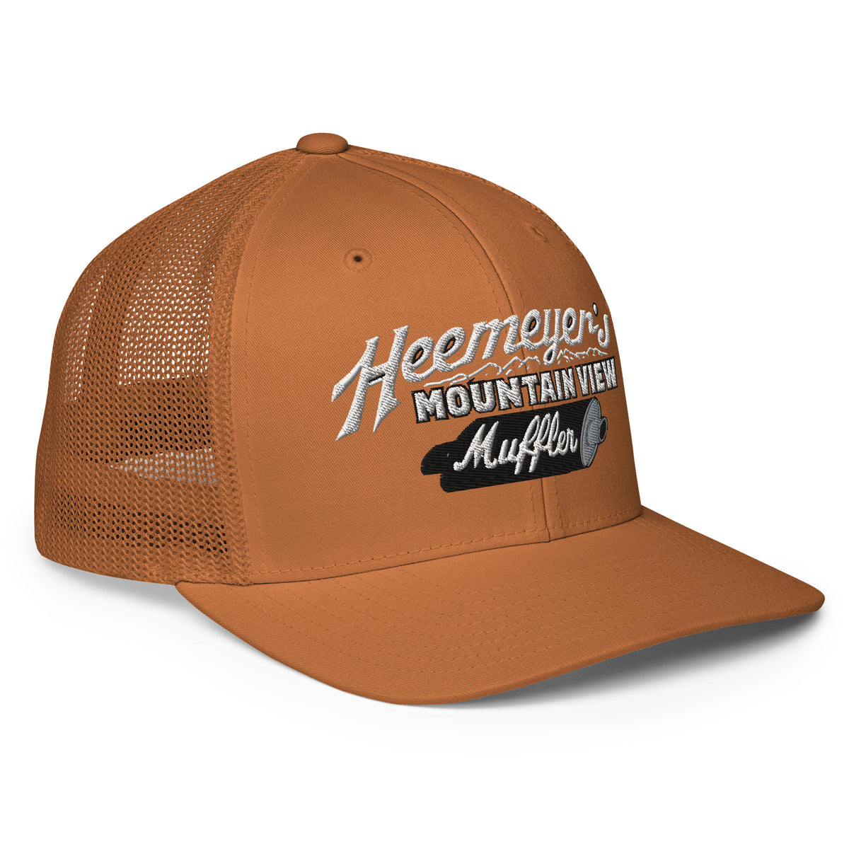 Heemeyer&#39;s Mountain View Muffler Flexfit Permacurve Trucker Cap