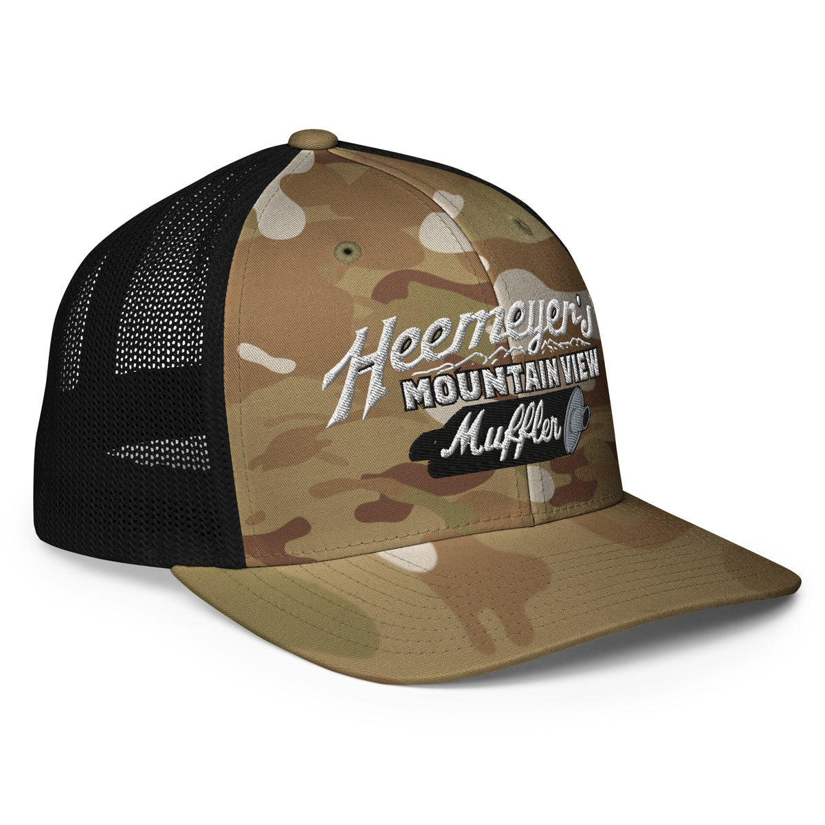 Heemeyer&#39;s Mountain View Muffler Flexfit Permacurve Trucker Cap