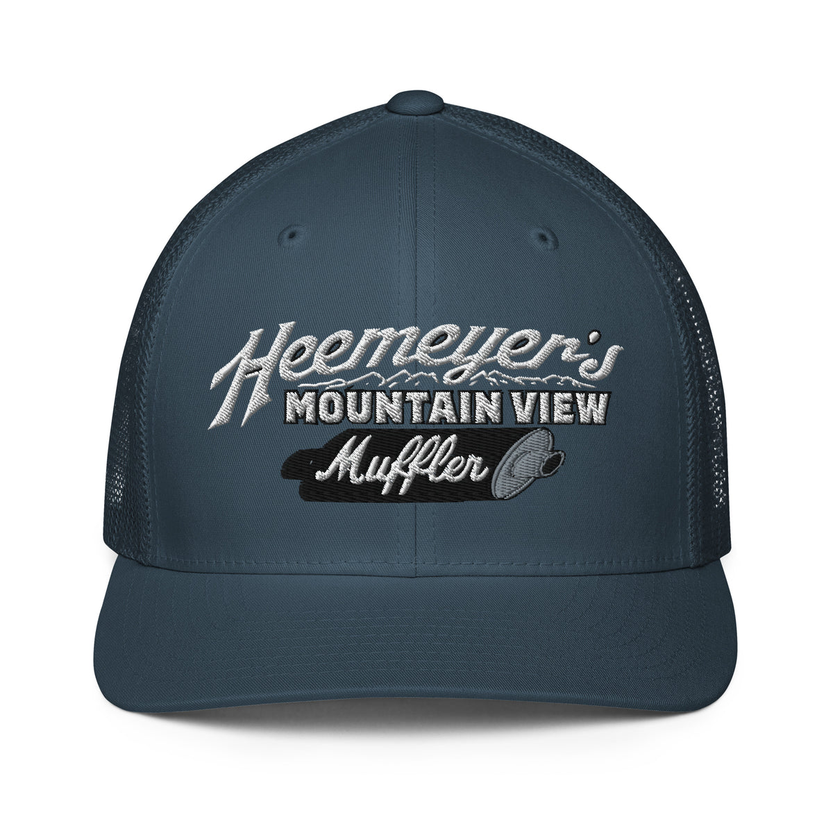 Heemeyer&#39;s Mountain View Muffler Flexfit Permacurve Trucker Cap