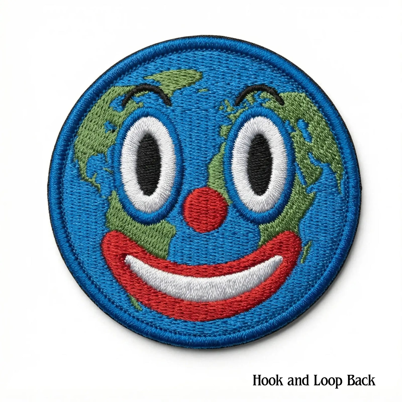 Circular patch with a Clown World embroidered design