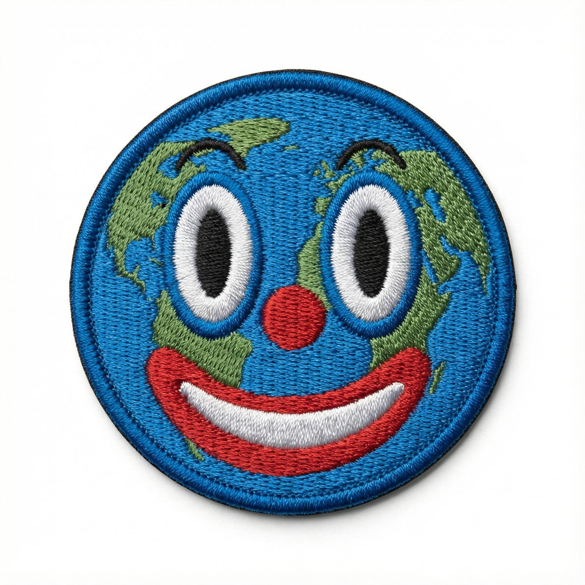 Circular patch with a colorful face design on a white background