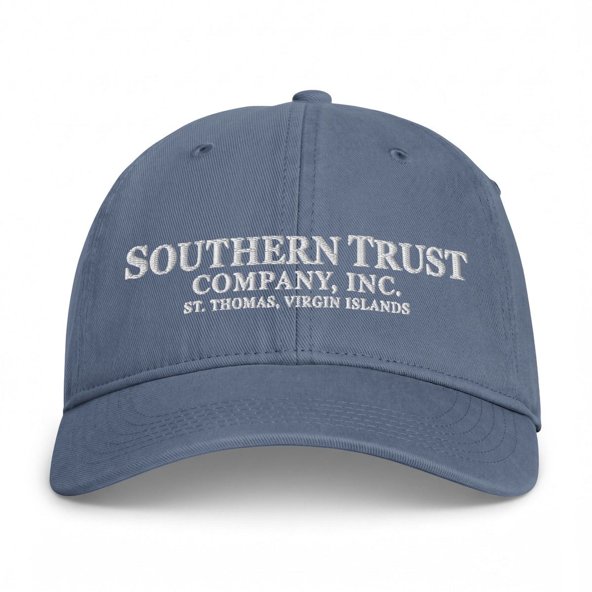 Southern Trust Company Coastal Washed Cap in Blue Jean, front view with ivory embroidered lettering
