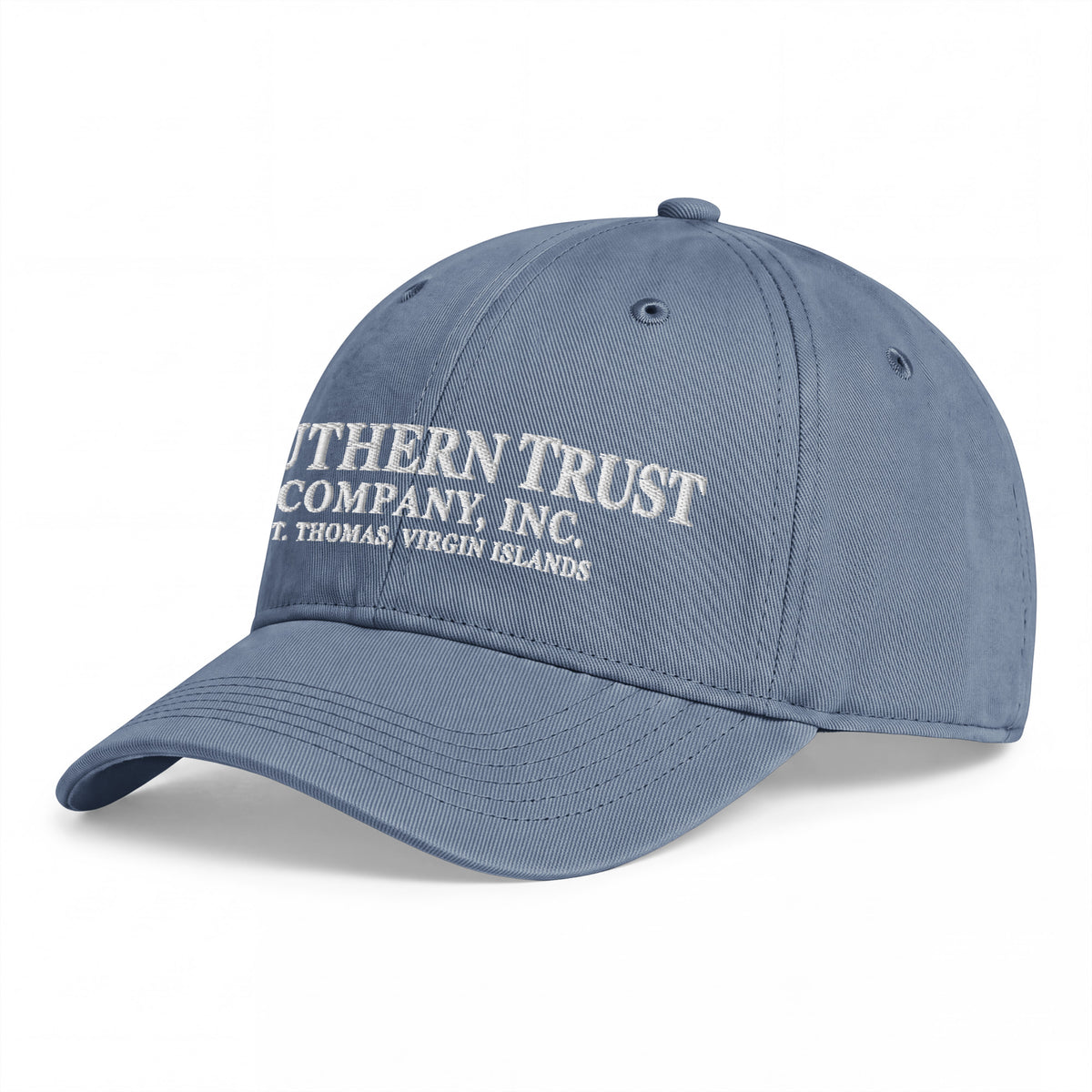 Southern Trust Company Blue Jean cotton cap, opposite angled front view of the embroidered crown