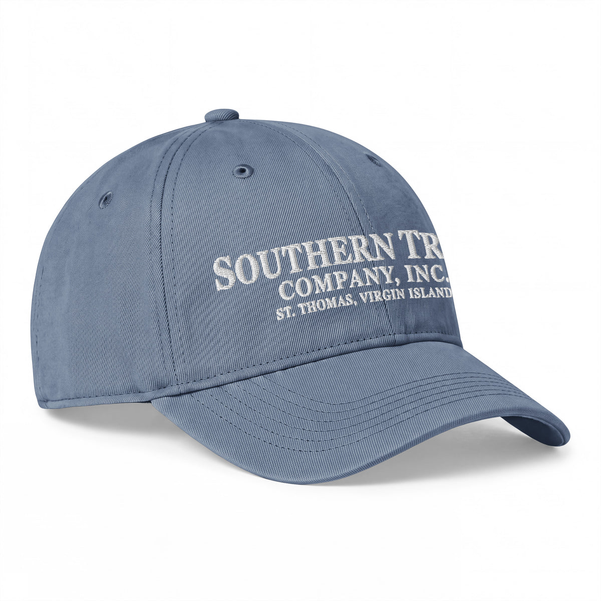 Southern Trust Company Blue Jean washed cap, angled front view showing ivory company embroidery and curved bill