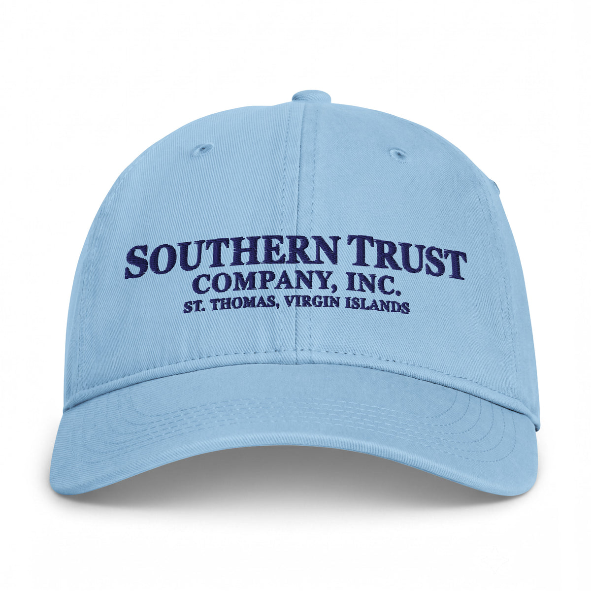 Southern Trust Company Coastal Washed Cap in Hydrangea light blue, front view with dark embroidered company lettering