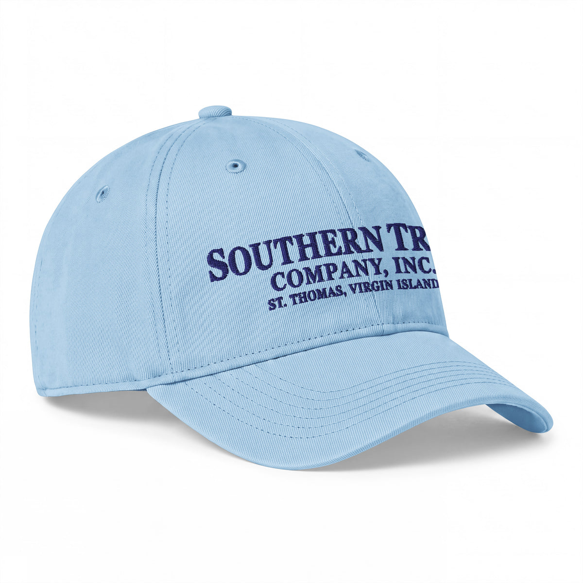Southern Trust Company Hydrangea light blue cotton cap, opposite angled front view of the embroidered crown