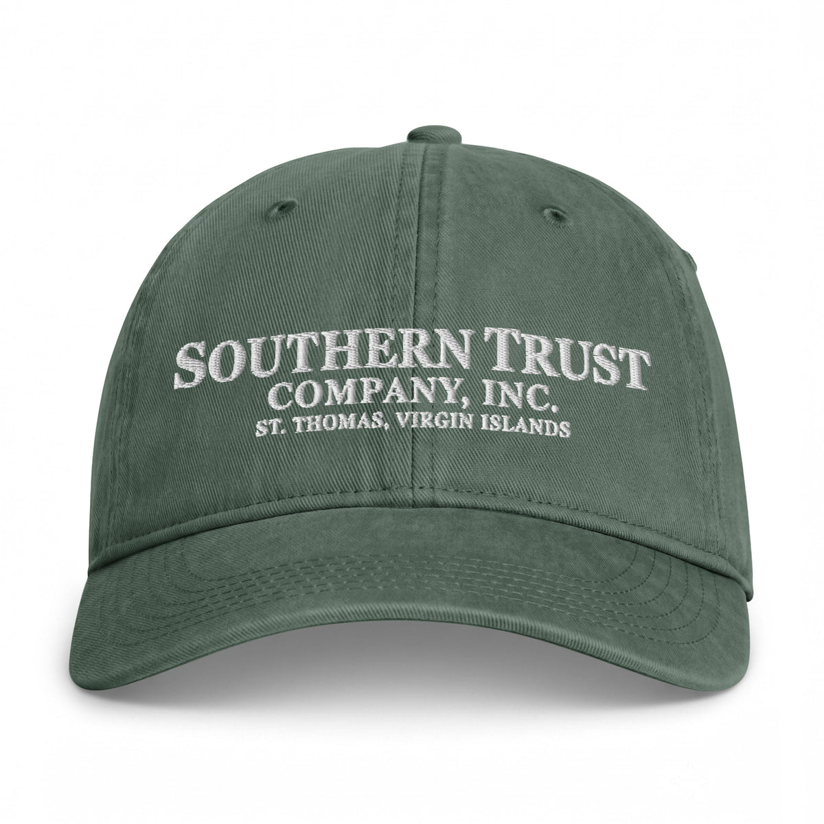 Southern Trust Company Coastal Washed Cap in Moss green, front view with ivory company name and St. Thomas, Virgin Islands embroidery