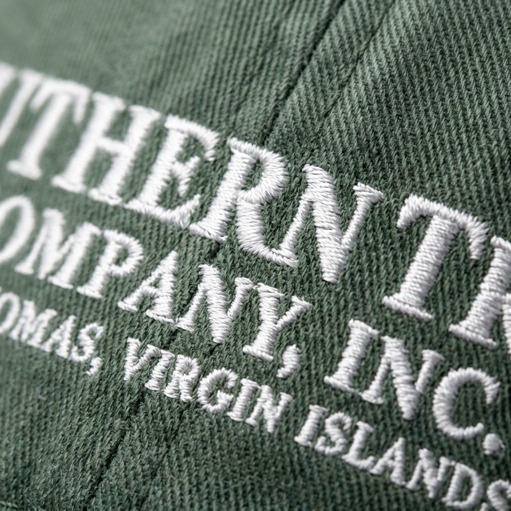 Macro detail of ivory Southern Trust Company embroidery on the Moss green cap, showing stitches and cotton twill texture