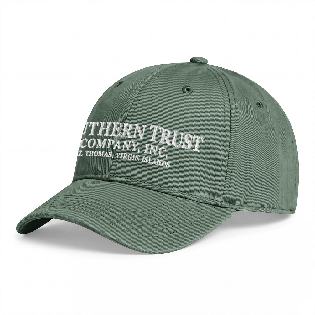 Southern Trust Company Moss green cotton cap, opposite angled front view of the embroidered crown