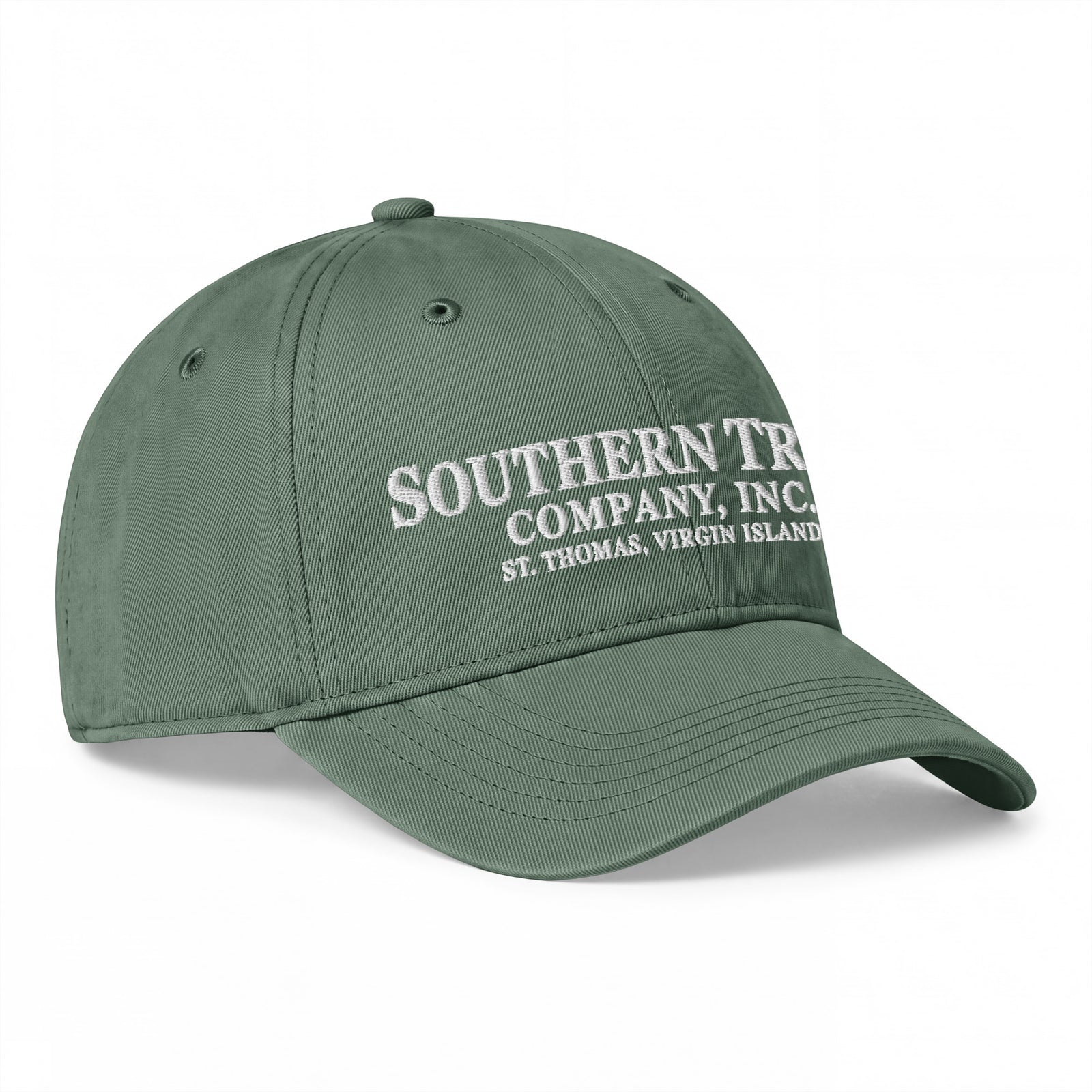 Southern Trust Company Coastal Washed Cap in Moss green, front view with ivory company name and St. Thomas, Virgin Islands embroidery