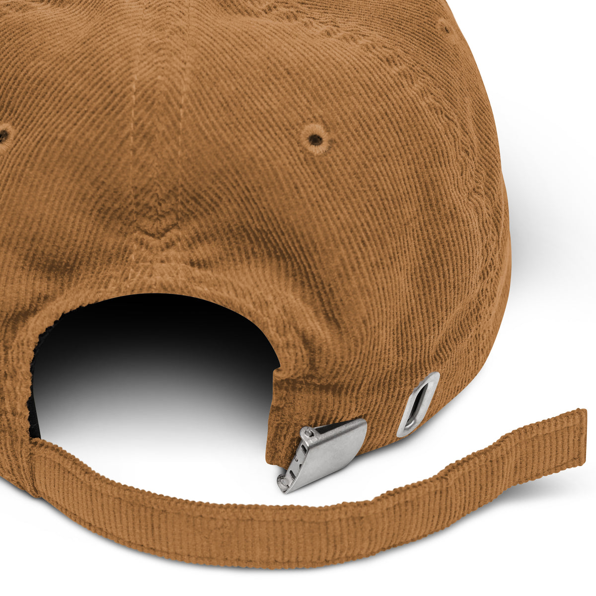 Brown cap with a strap and metal clasp on a white background