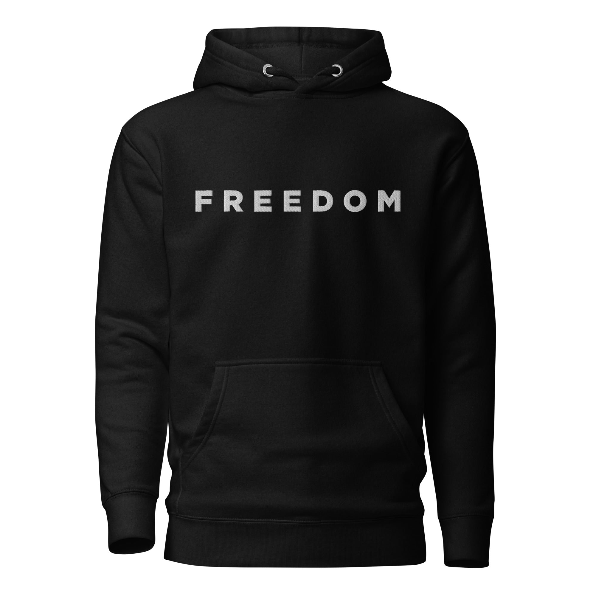 Black hoodie with 'FREEDOM' printed on the chest against a white background