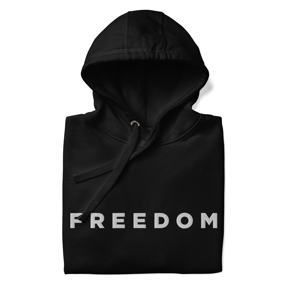 Black hoodie with &#39;FREEDOM&#39; printed on the front against a white background