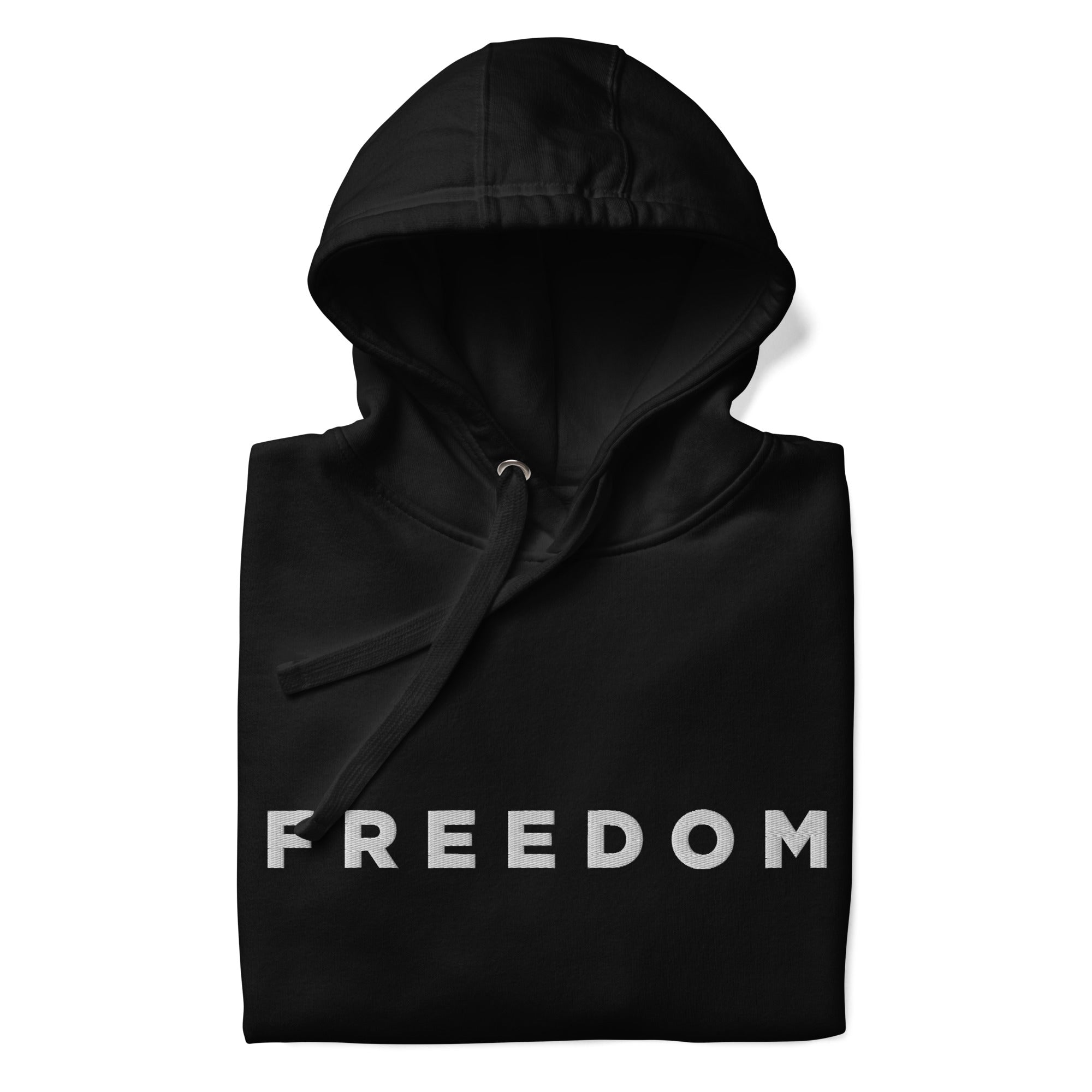 Black hoodie with 'FREEDOM' printed on the front against a white background