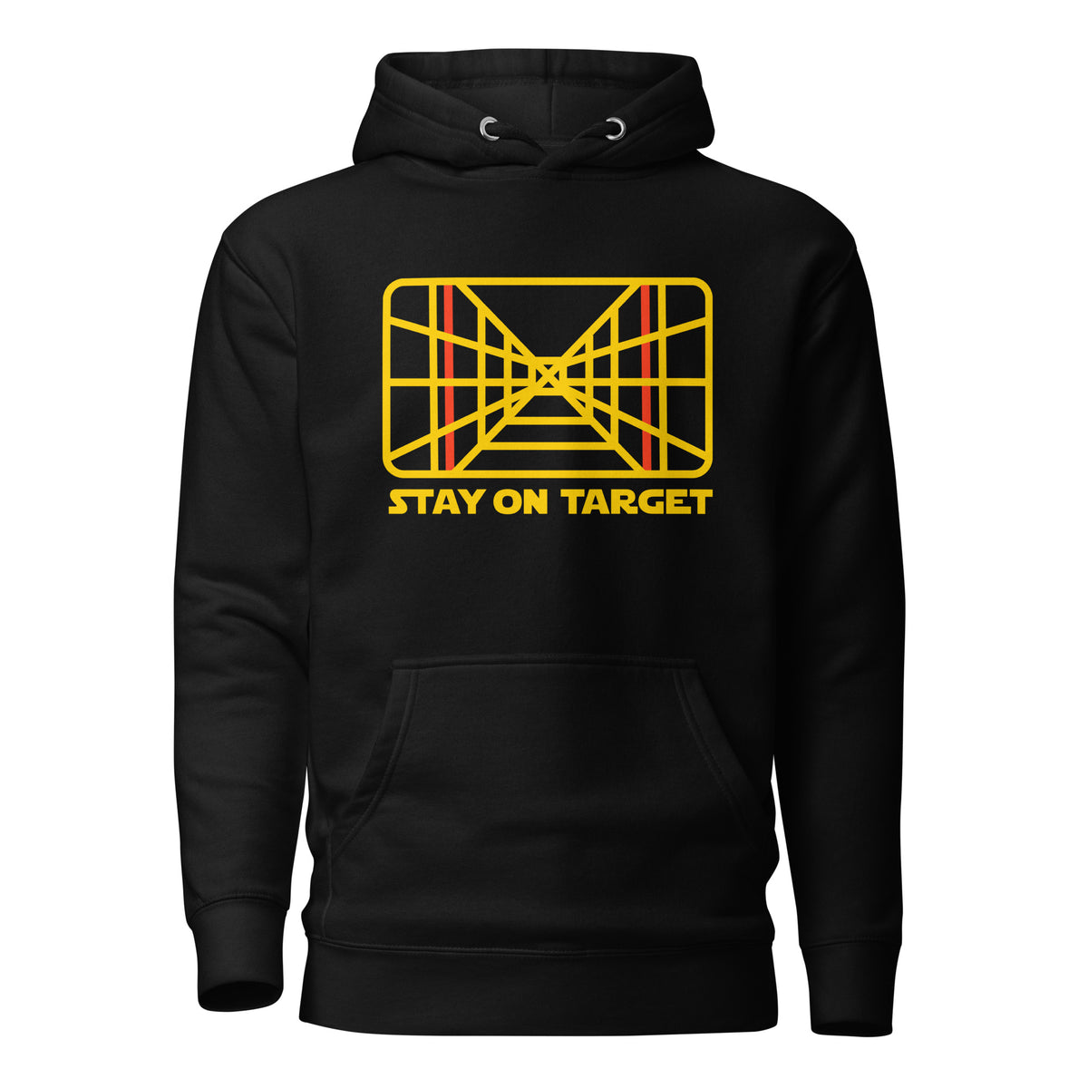 Black hoodie with yellow and red graphic design and &#39;Stay on Target&#39; text on a white background